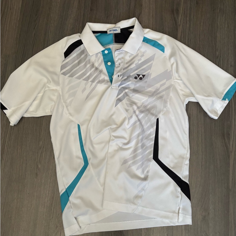 Yonex Badminton/Tennis White Polo Shirt with Teal and Black Accents
